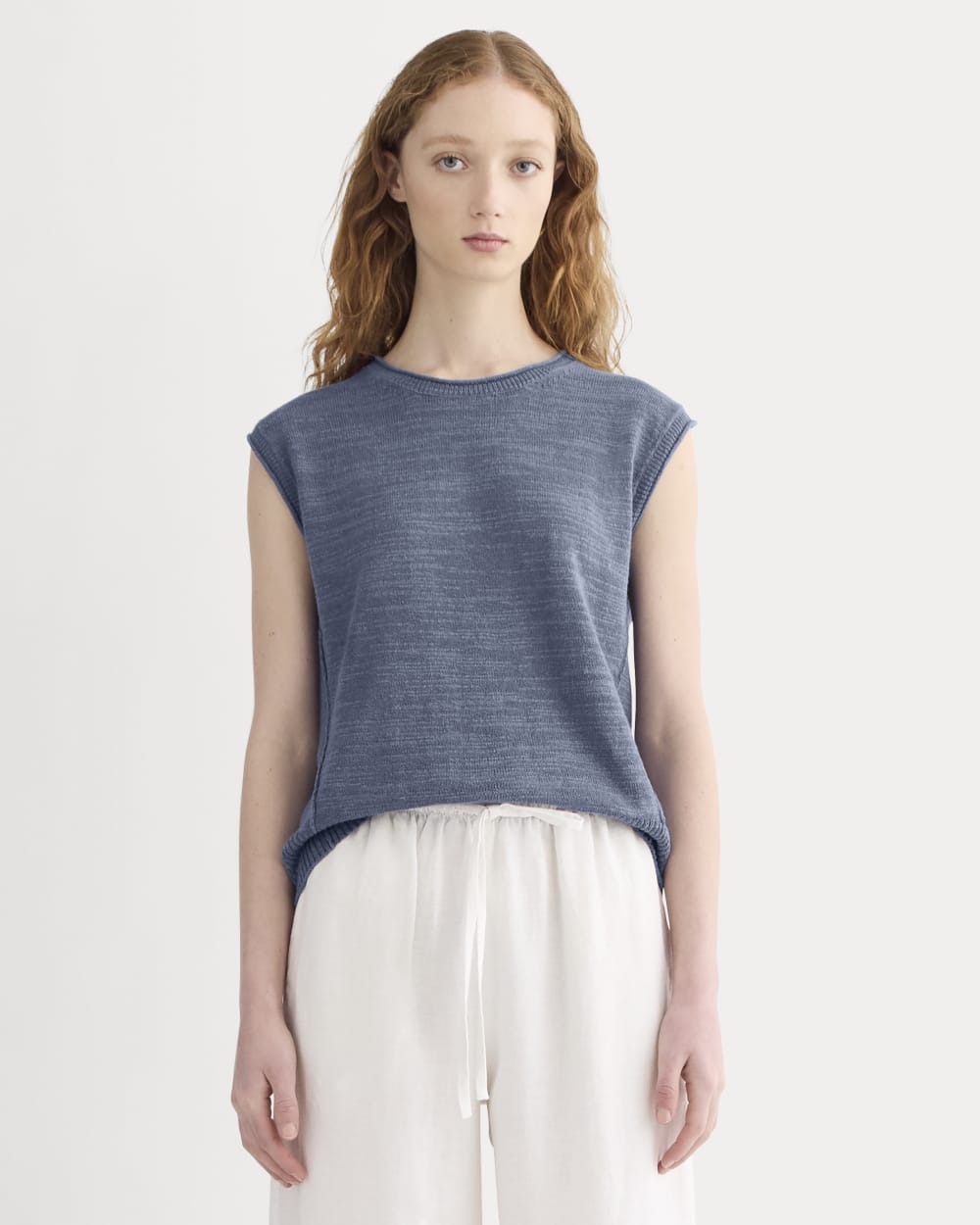 The Muscle Sweater in Cotton Linen in Indigo — front view
