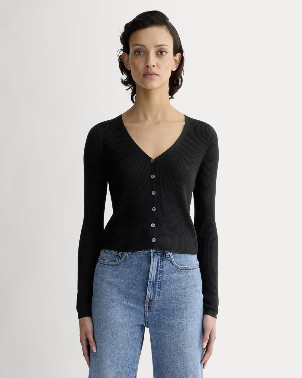The Cardigan in Ultrasoft Merino in Black — front view