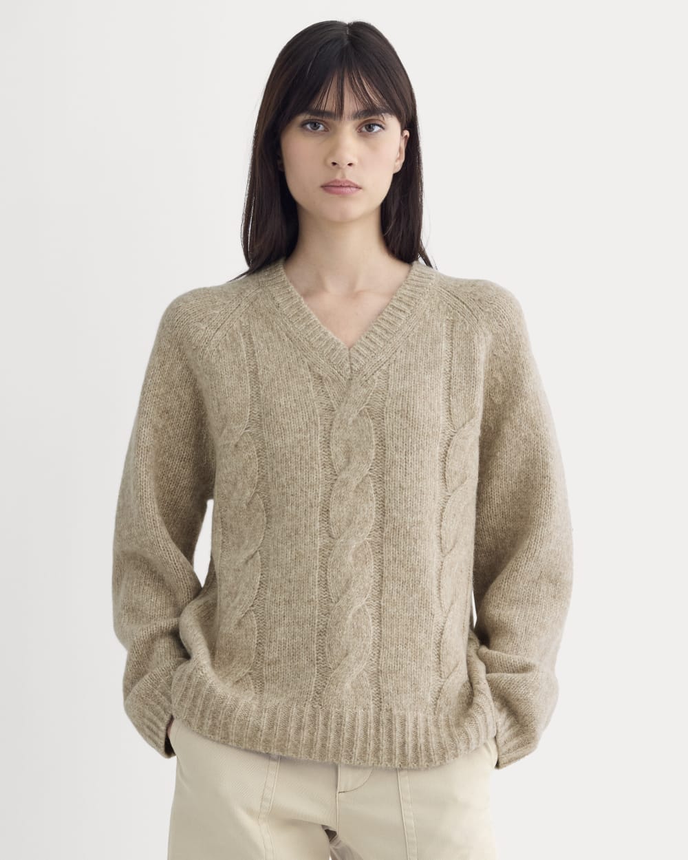 Cloud Cable V-Neck Sweater in Heathered Oatmeal — front view