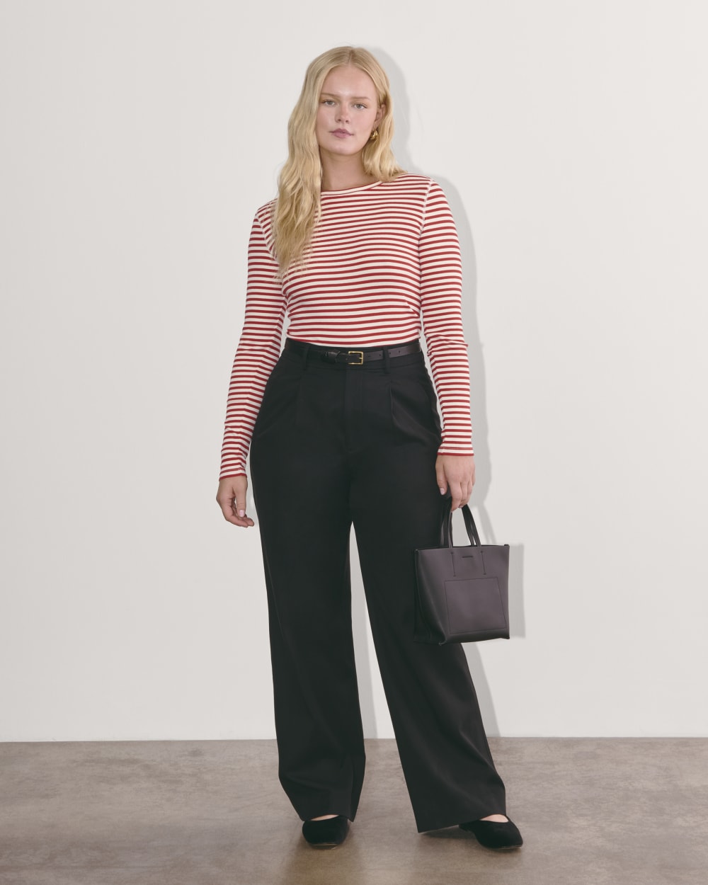 The Luxe Rib Long-Sleeve Crew in Bone / Berry Red — detail view
