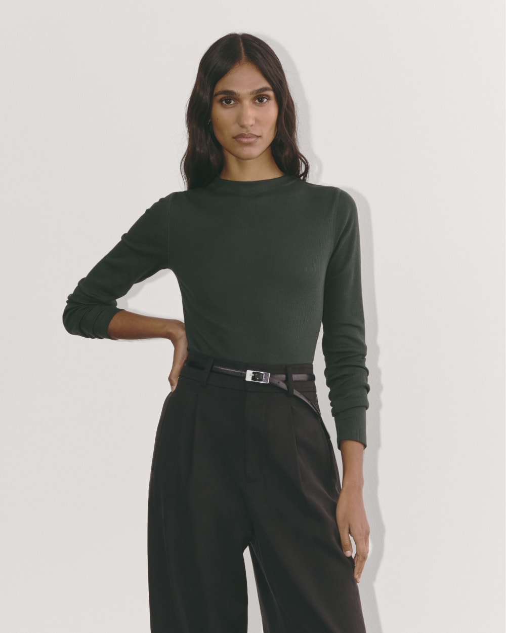 The Luxe Rib Funnel-Neck Tee in Scarab — front view