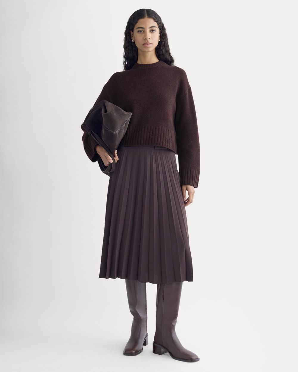 Cropped Boxy Crew in Luxe Merino in Heathered Winetasting — detail view