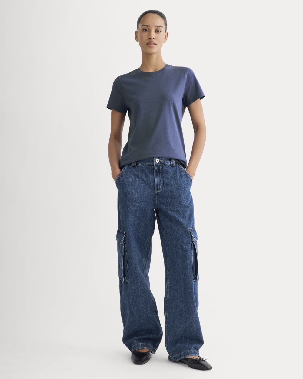 The Slim Crew in Essential Cotton in Deep Cobalt — detail view