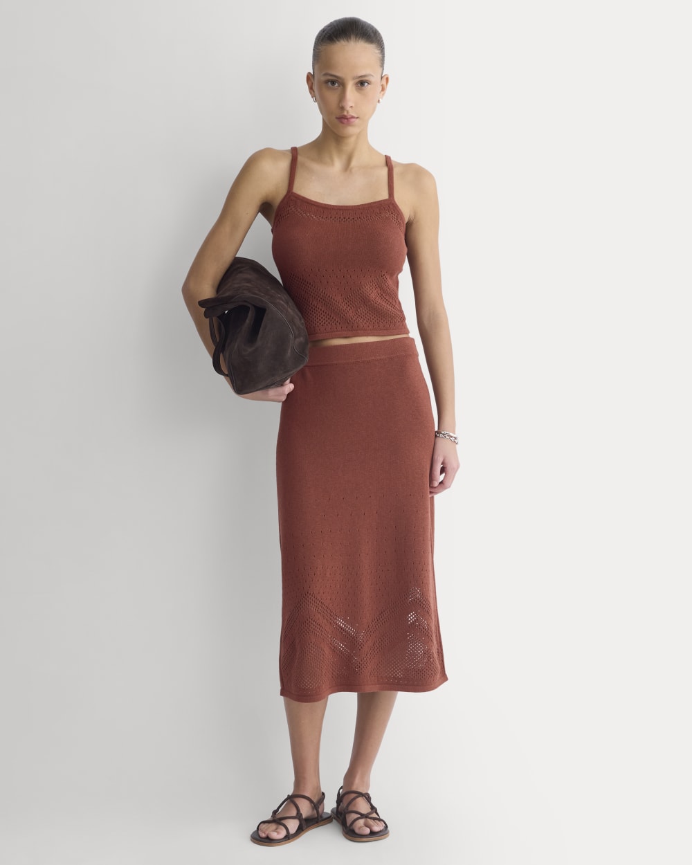 Lace-Knit Cami in Henna Red — detail view