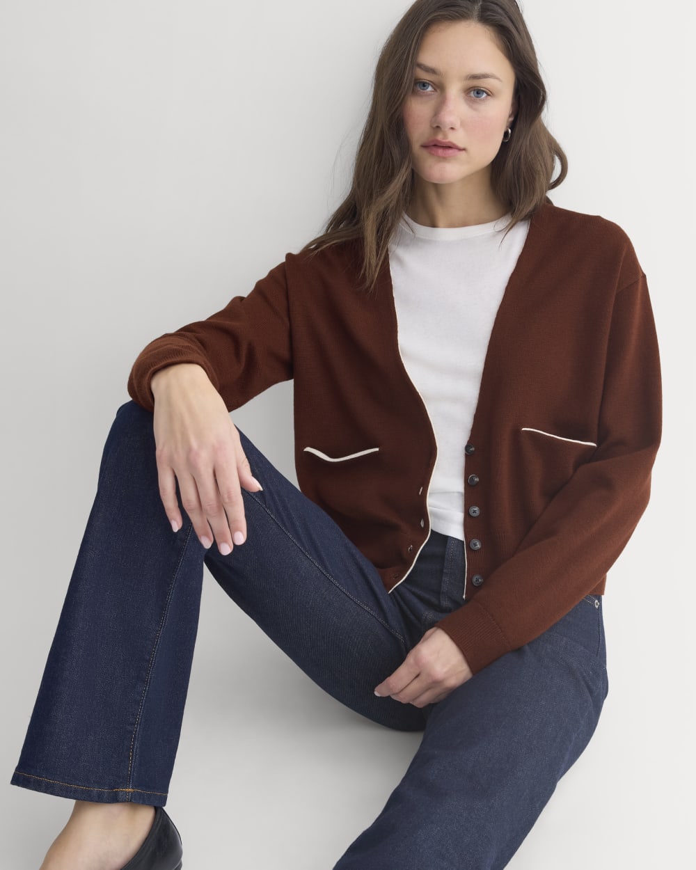 Deep V-Neck Cardigan in Cotton Merino in Whipped Cream — front view