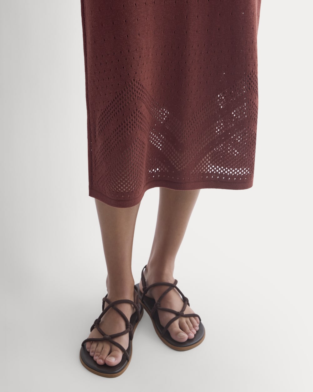 Lace-Knit Maxi Skirt in Henna Red — detail view