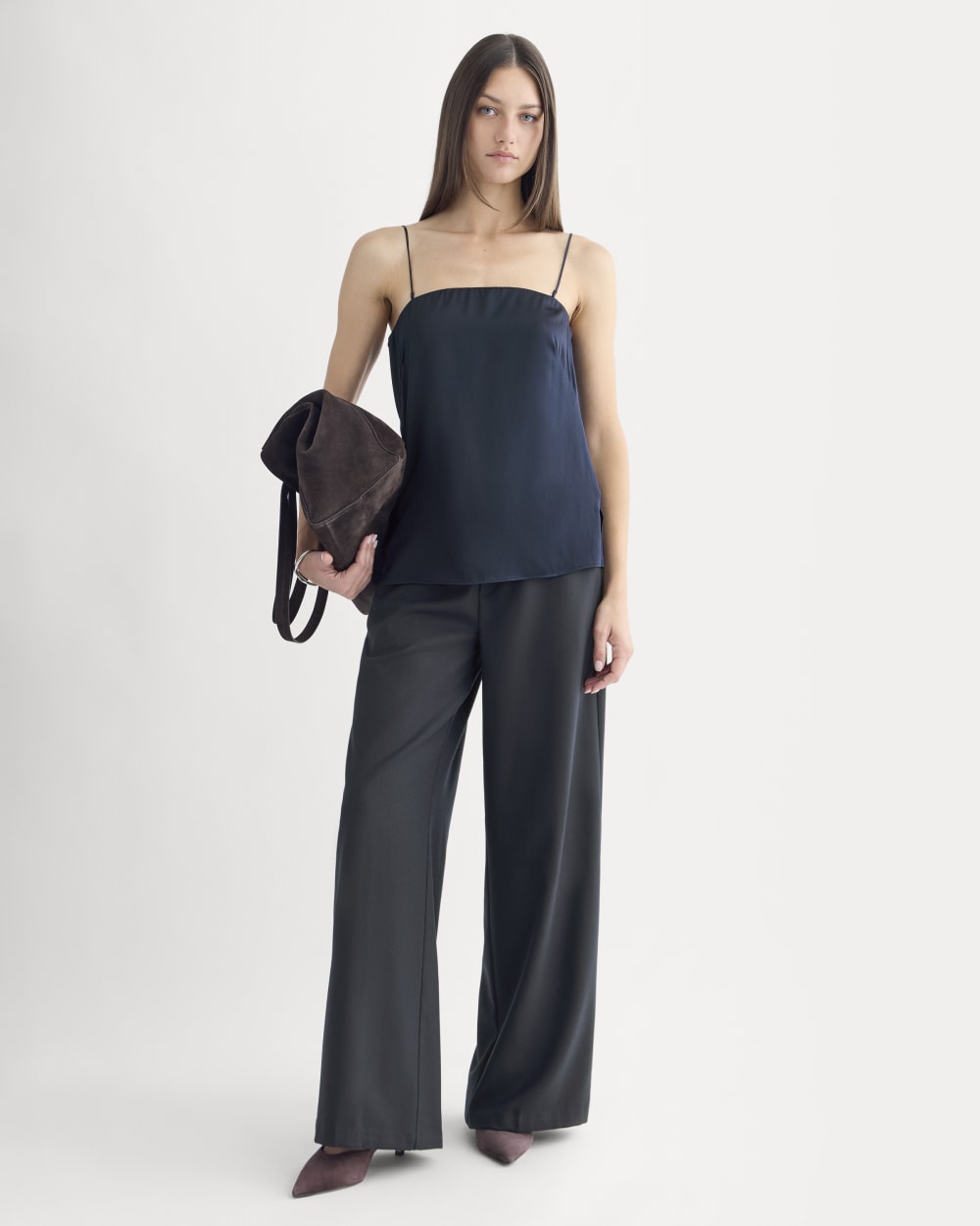 Thin Strap Cami in Silk Charmeuse in Navy — detail view