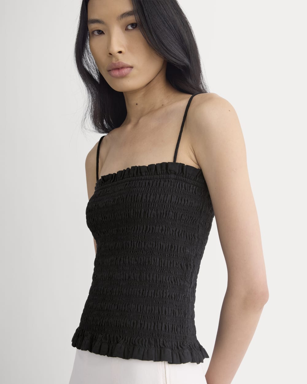 Gauze Smocked Cami in Black — detail view