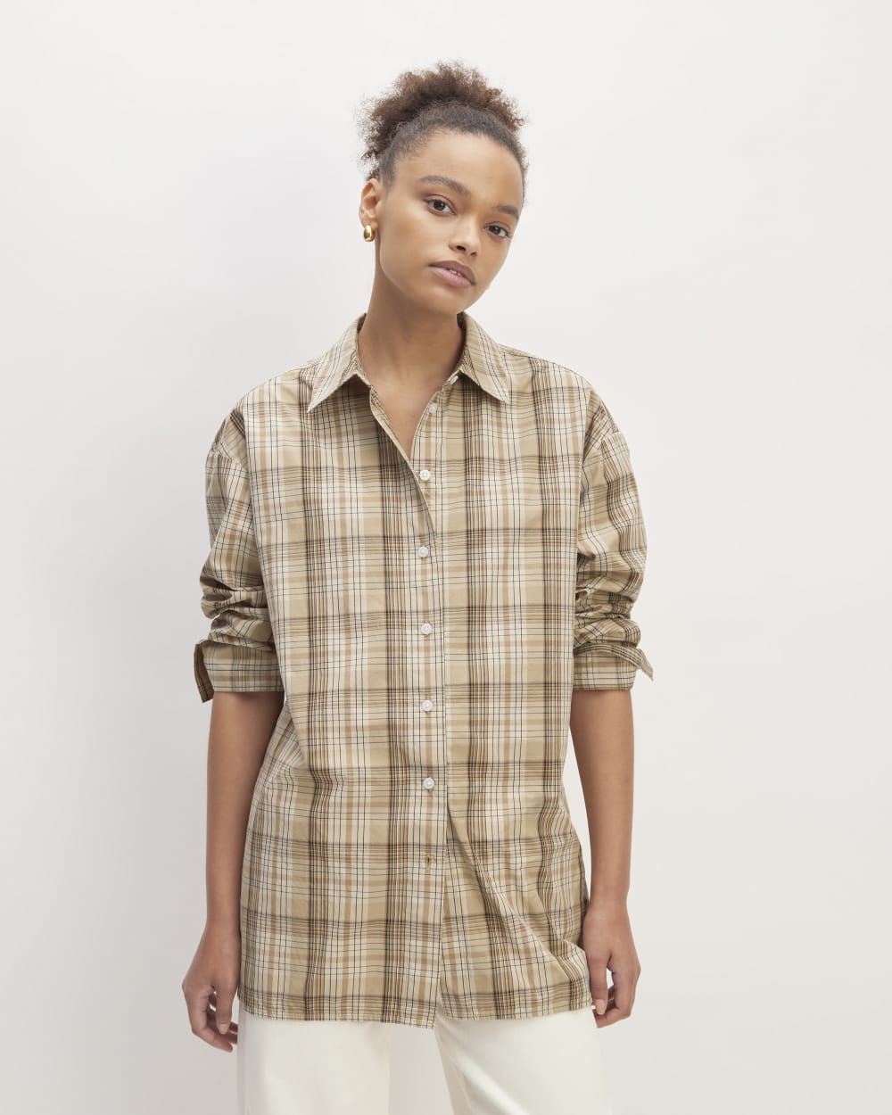 The Supima® Cotton Boyfriend Shirt in Pale Khaki Plaid — front view