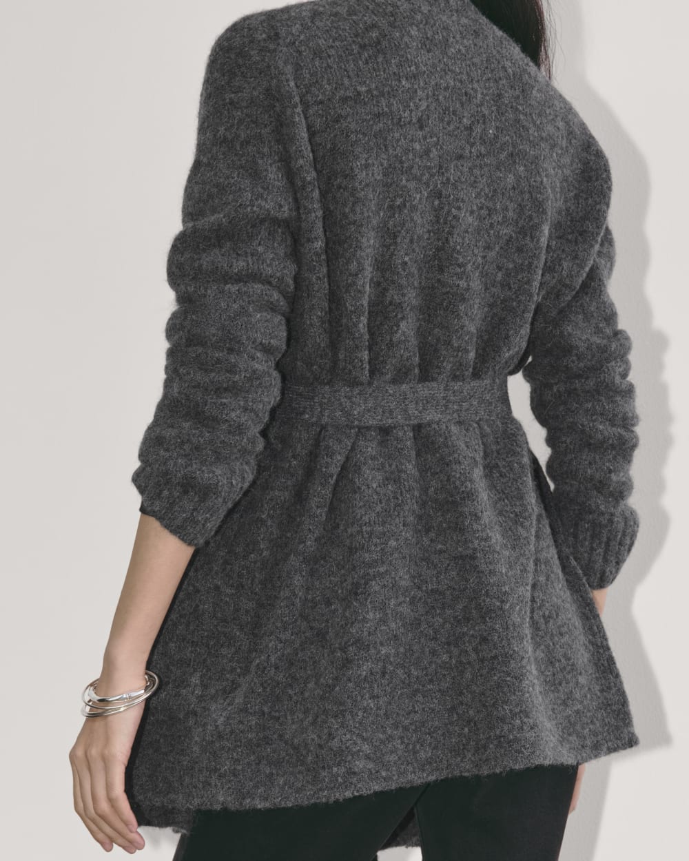 The Robe Cardigan in Alpaca in Dark Charcoal — detail view