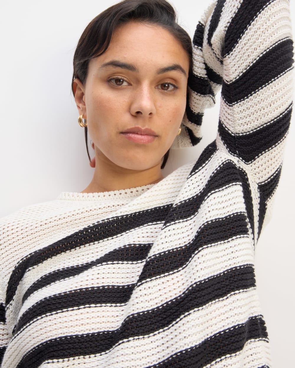 The Organic Cotton Open-Stitch Crew in Black / Bone — detail view