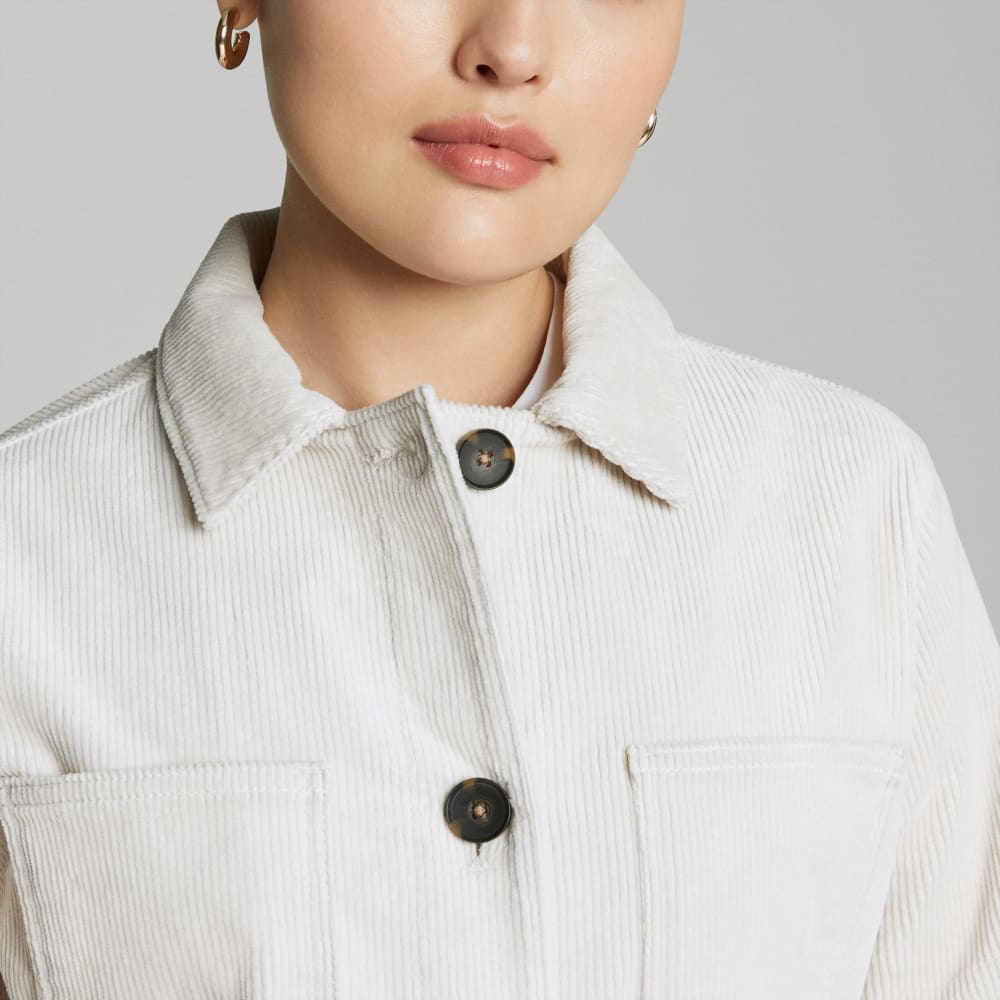 The Corduroy Long Shirt Jacket in Sandstone — detail view