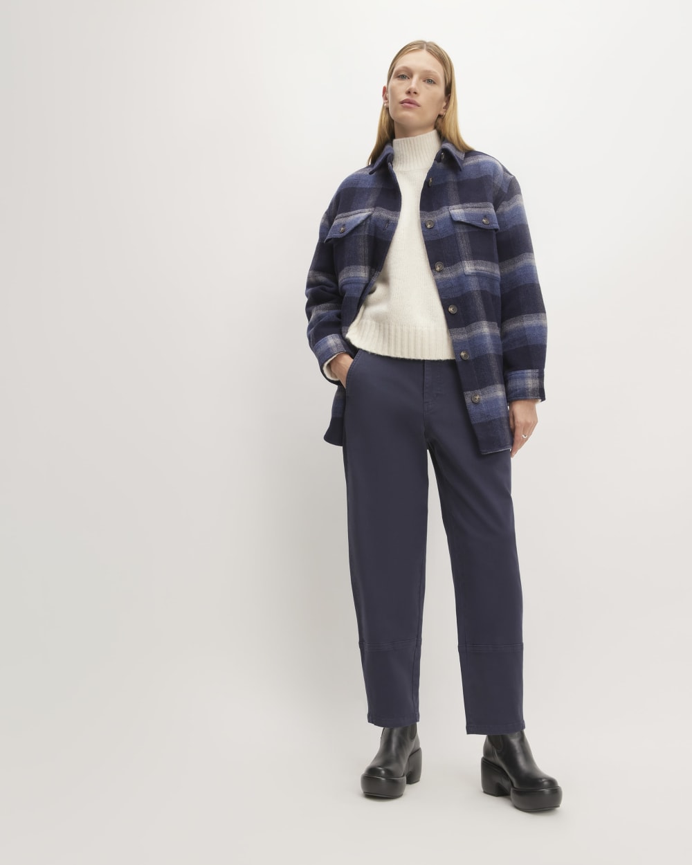 The Italian ReWool® Oversized Shirt Jacket in Navy / Shadow Plaid — detail view