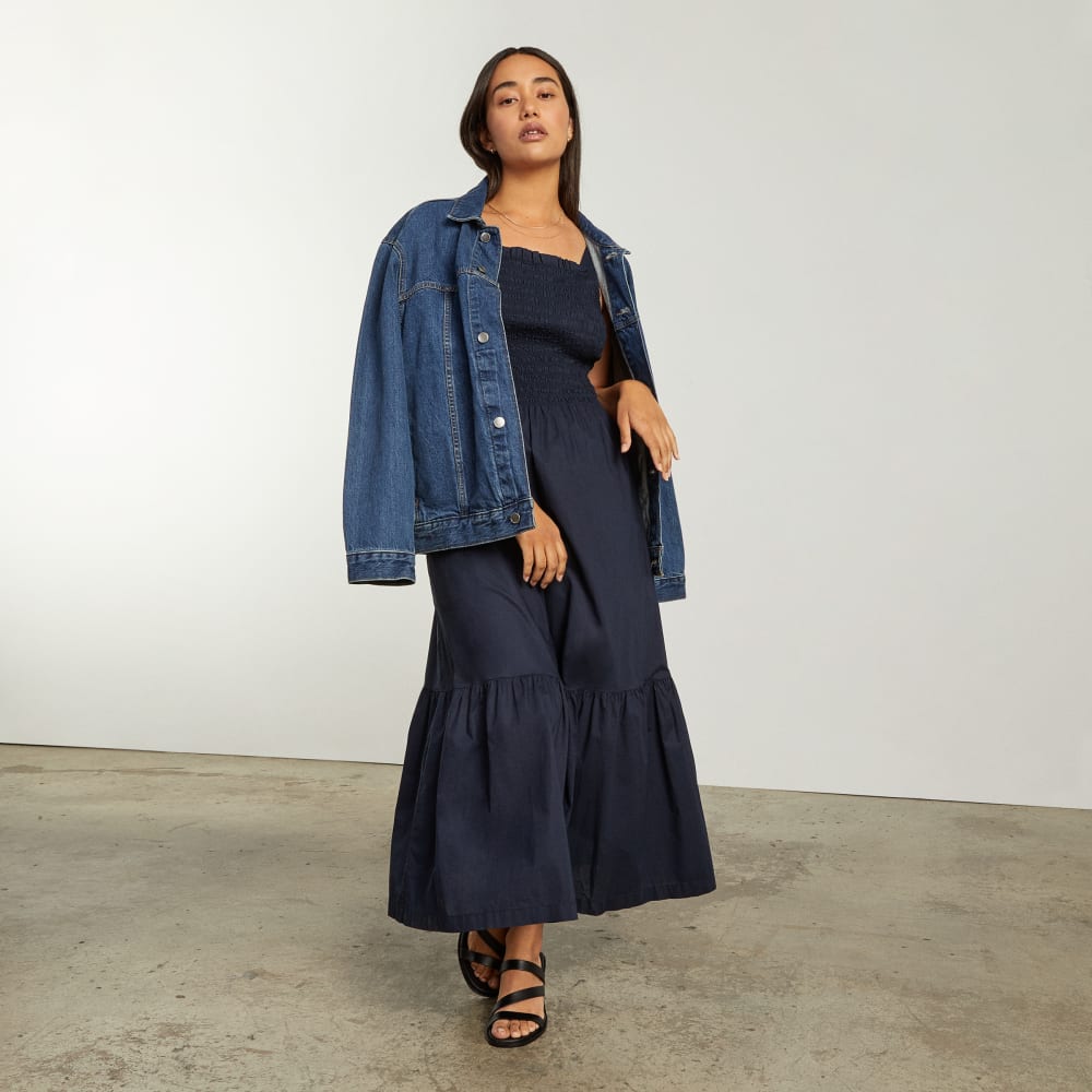 The Smock Dress in Deep Navy — detail view