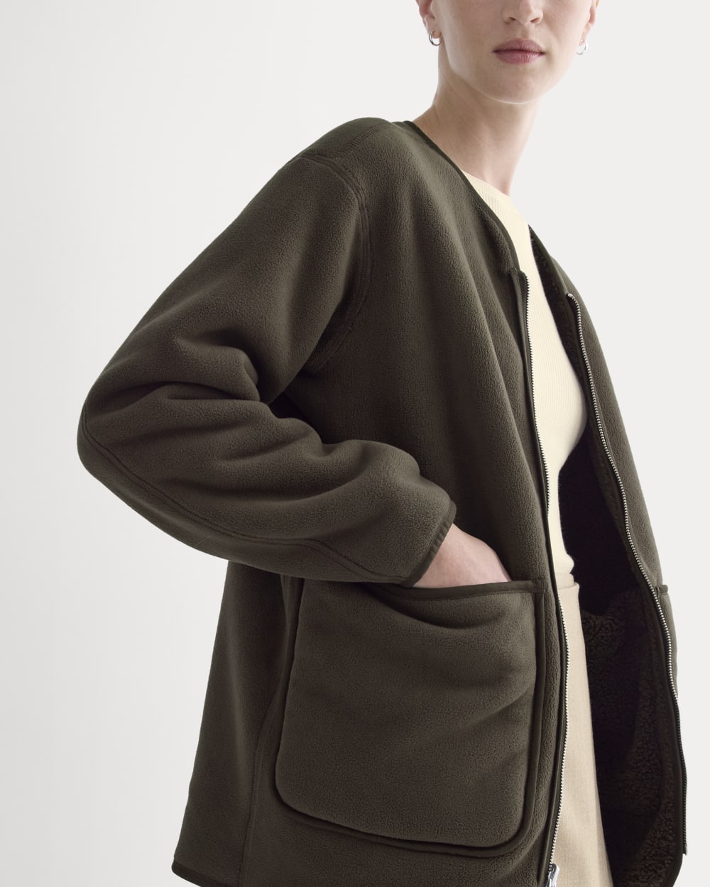 Reversible Teddy Jacket in Coffee Bean — detail view