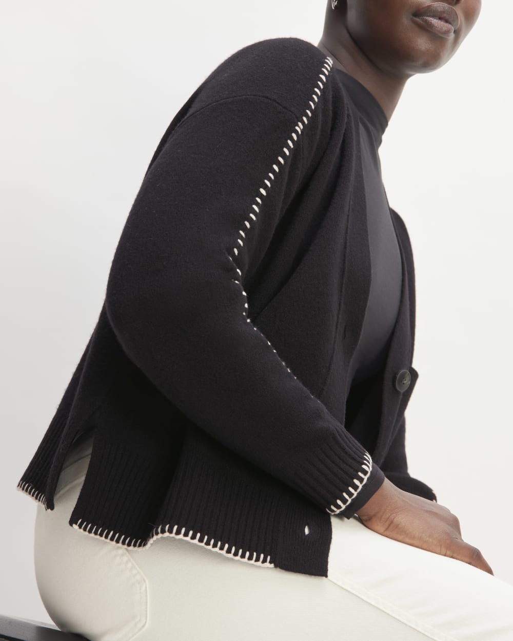 The Good Merino Wool Cardigan in Black / Buttermilk — detail view