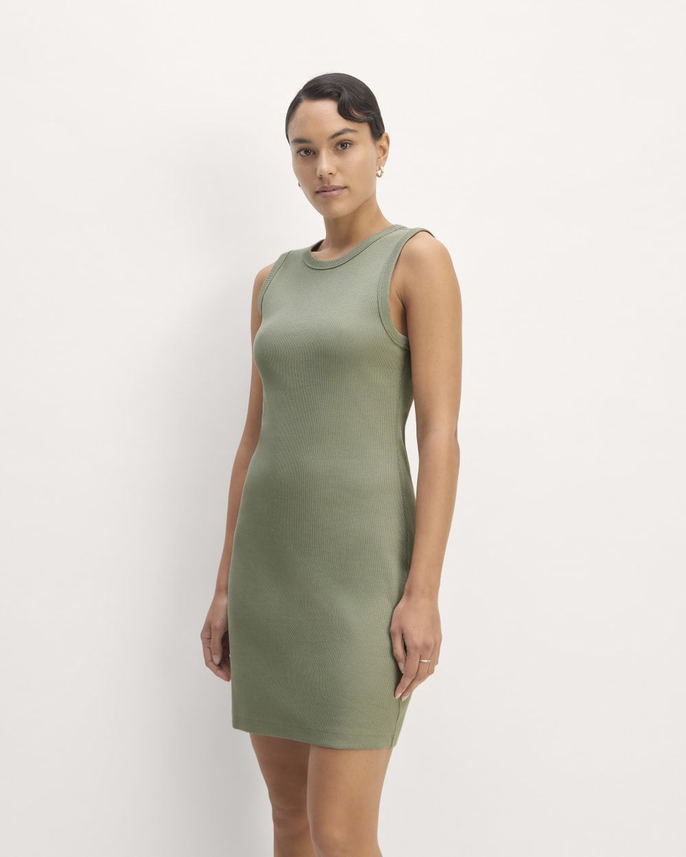 The Ribbed Mini Dress in Sage Green — front view