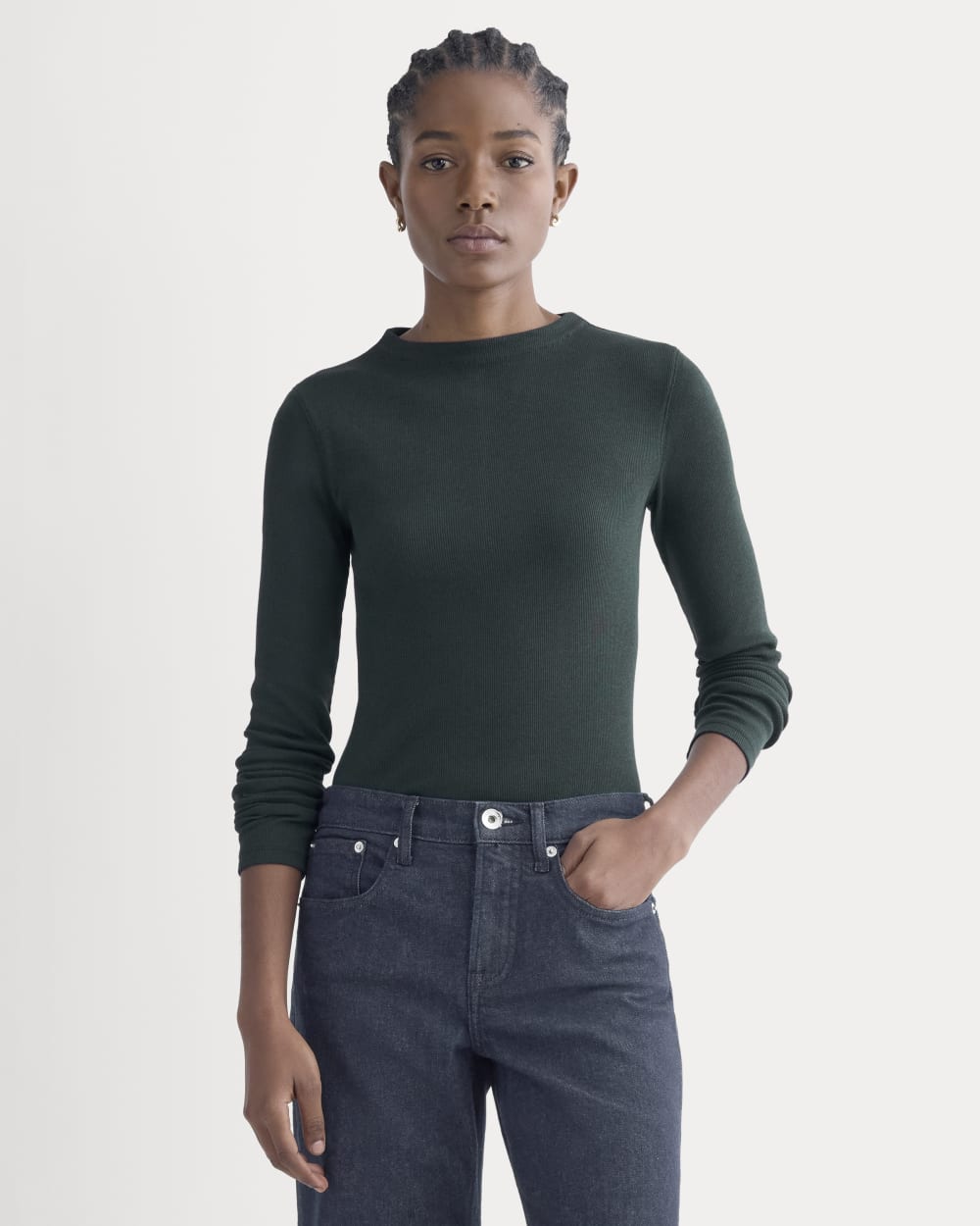 The Luxe Rib Funnel-Neck Tee in Heathered Dark Sea — front view