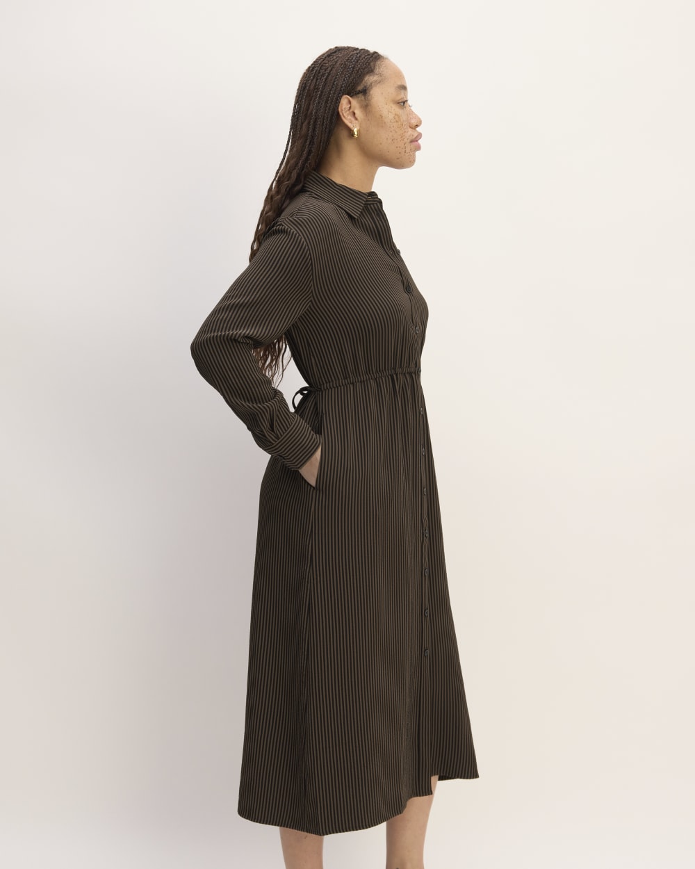 The Mini Jacquard Stripe Shirt Dress in Cocoa / Black — detail view