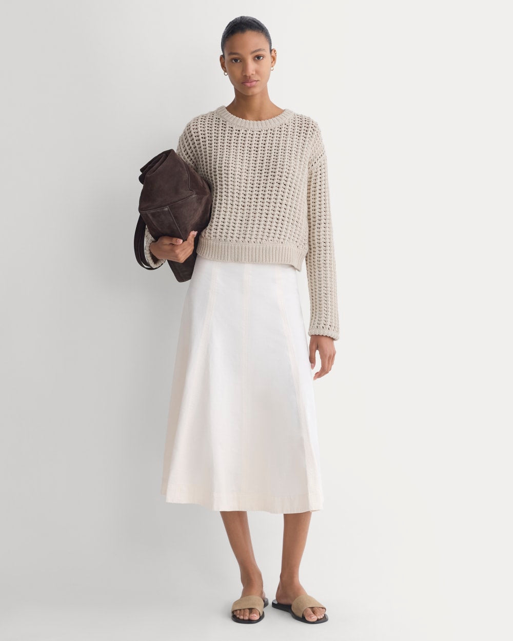 Open-Knit Crew in Elevated Cotton in Peyote — detail view
