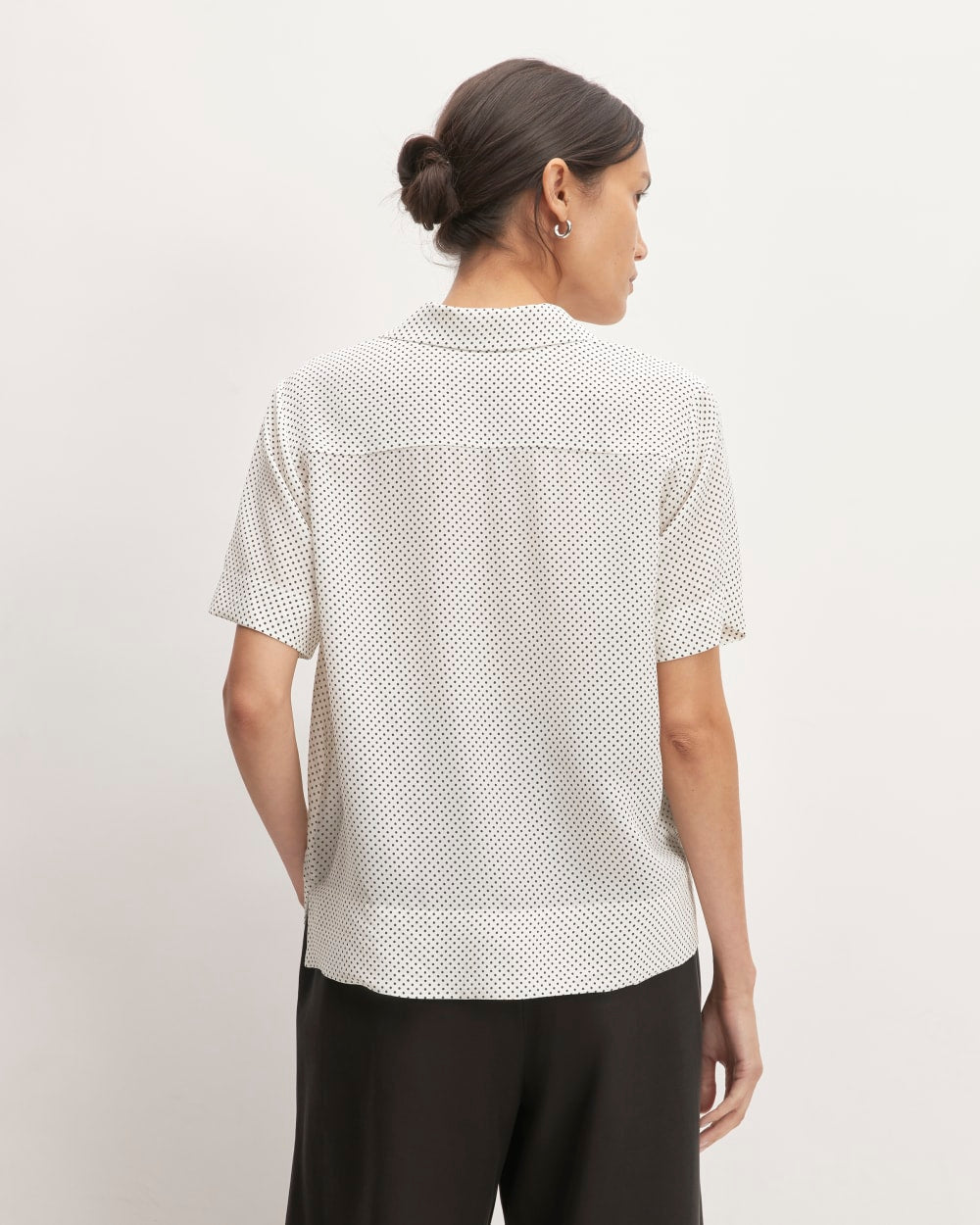 The Notch Shirt in Washable Silk in Bone / Black Polka Dot — detail view