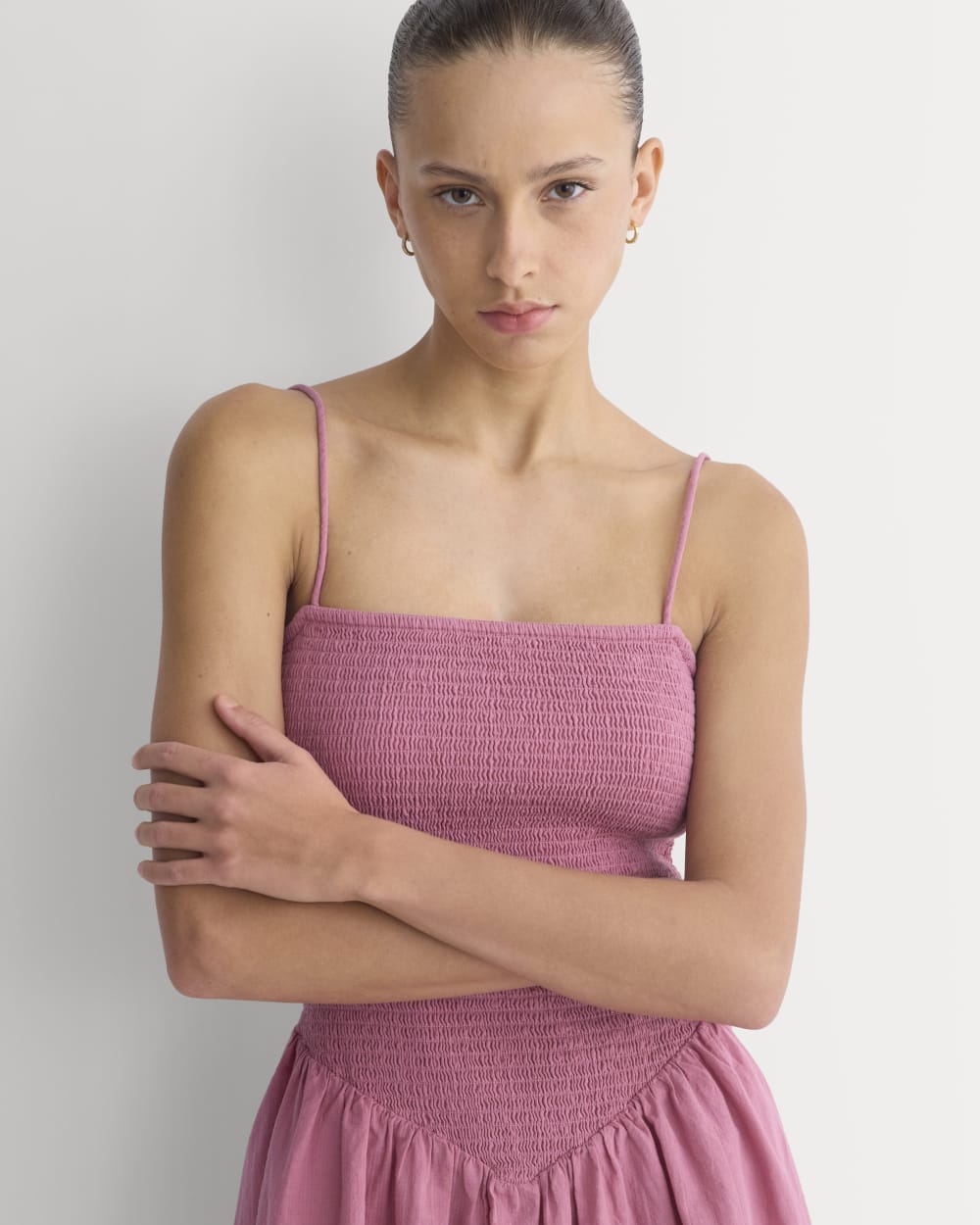 Gauze Smocked Mini Dress in Heather Rose — detail view