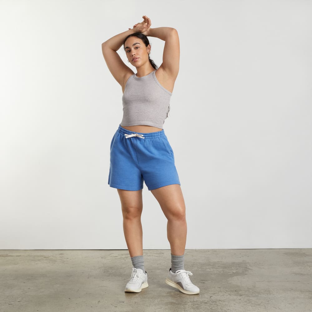 The Track Long Sweatshort in Heathered Denim — detail view