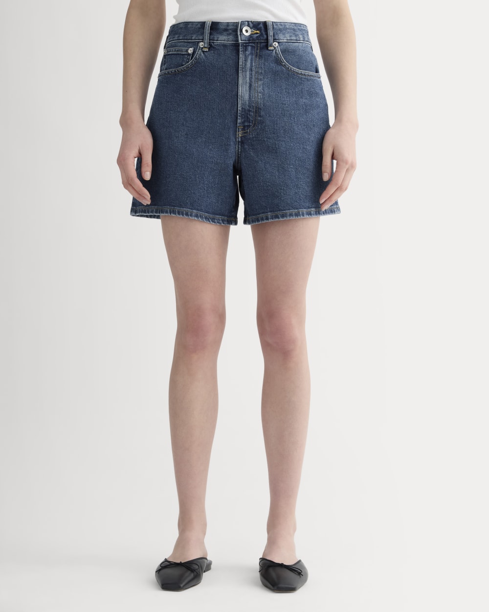 The A-Line Denim Short in Ocean — detail view
