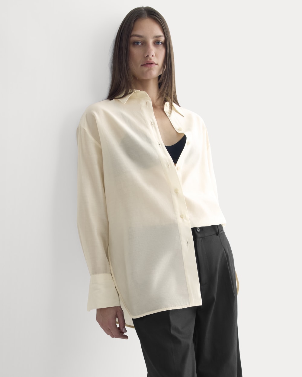 Oversized Shirt in Cotton-Silk Organza in Parchment — detail view
