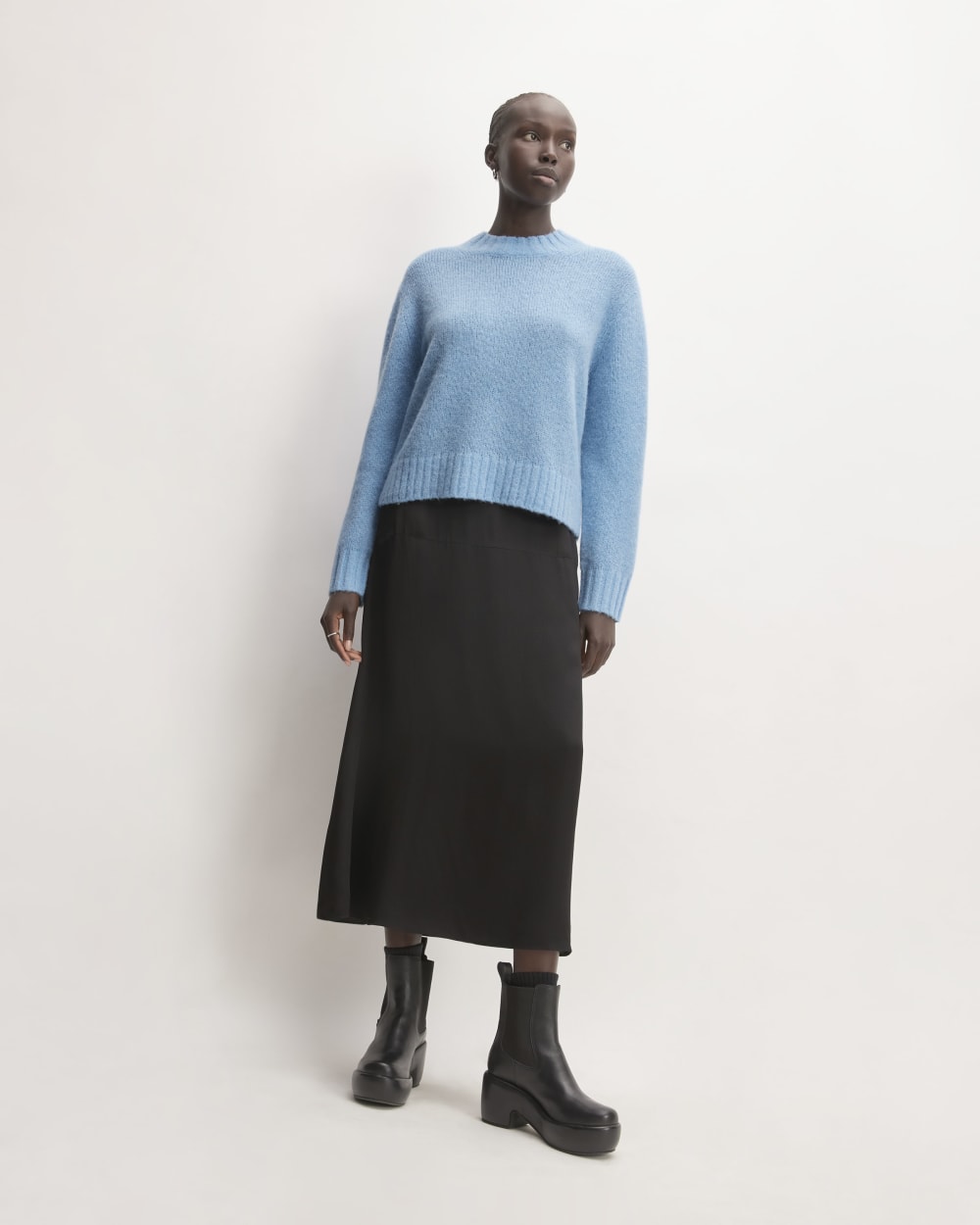 The Alpaca Cropped Crewneck Sweater in Heritage Blue — detail view