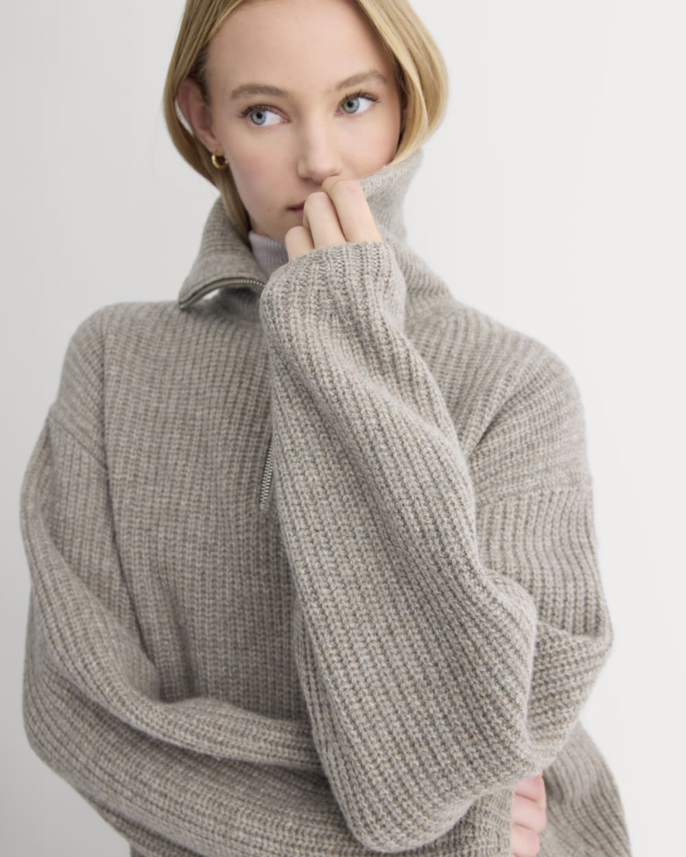 The Half-Zip Sweater in Luxe Merino in Heather Soft Taupe — detail view