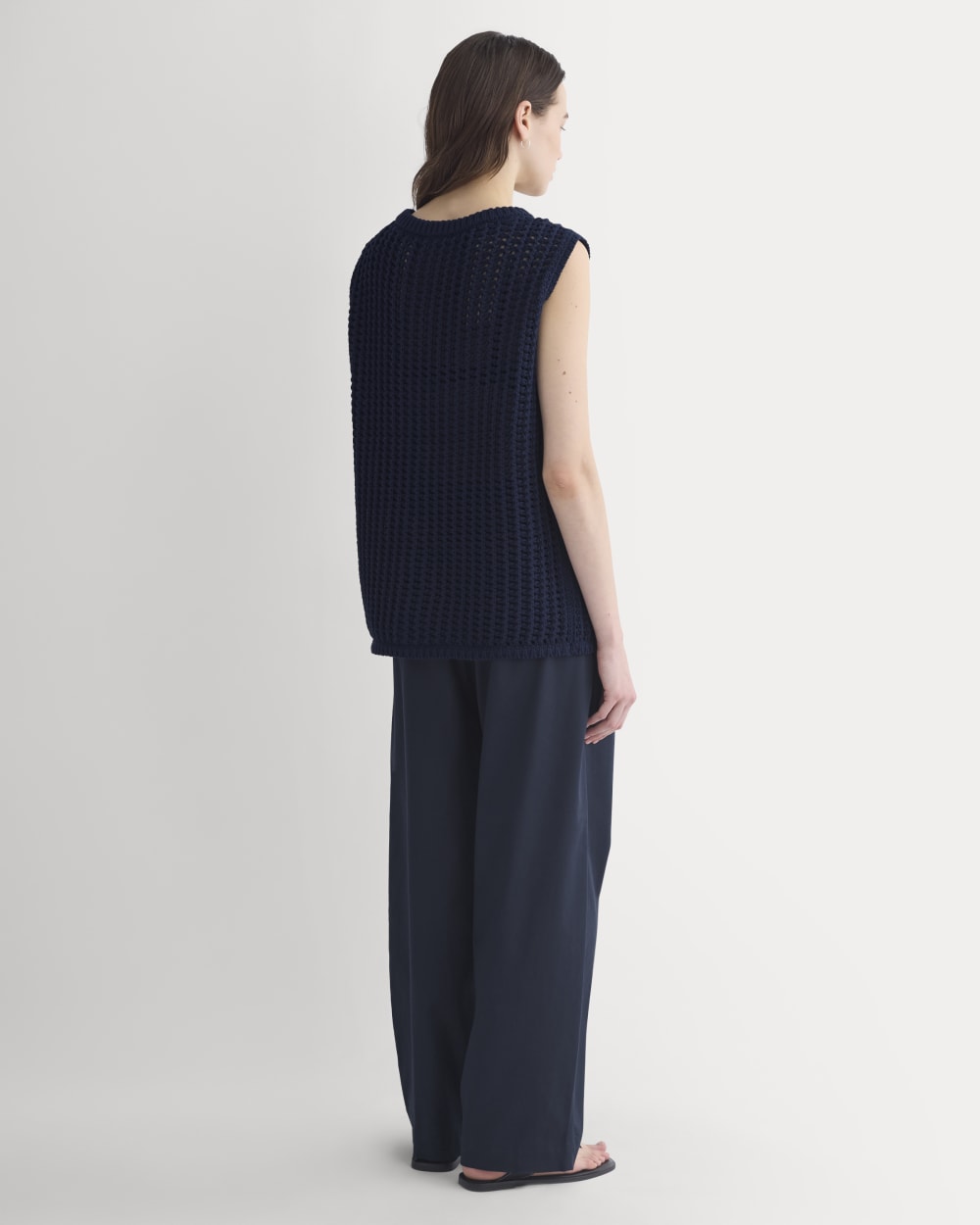 Open-Knit Tunic Vest in Elevated Cotton in Navy — detail view