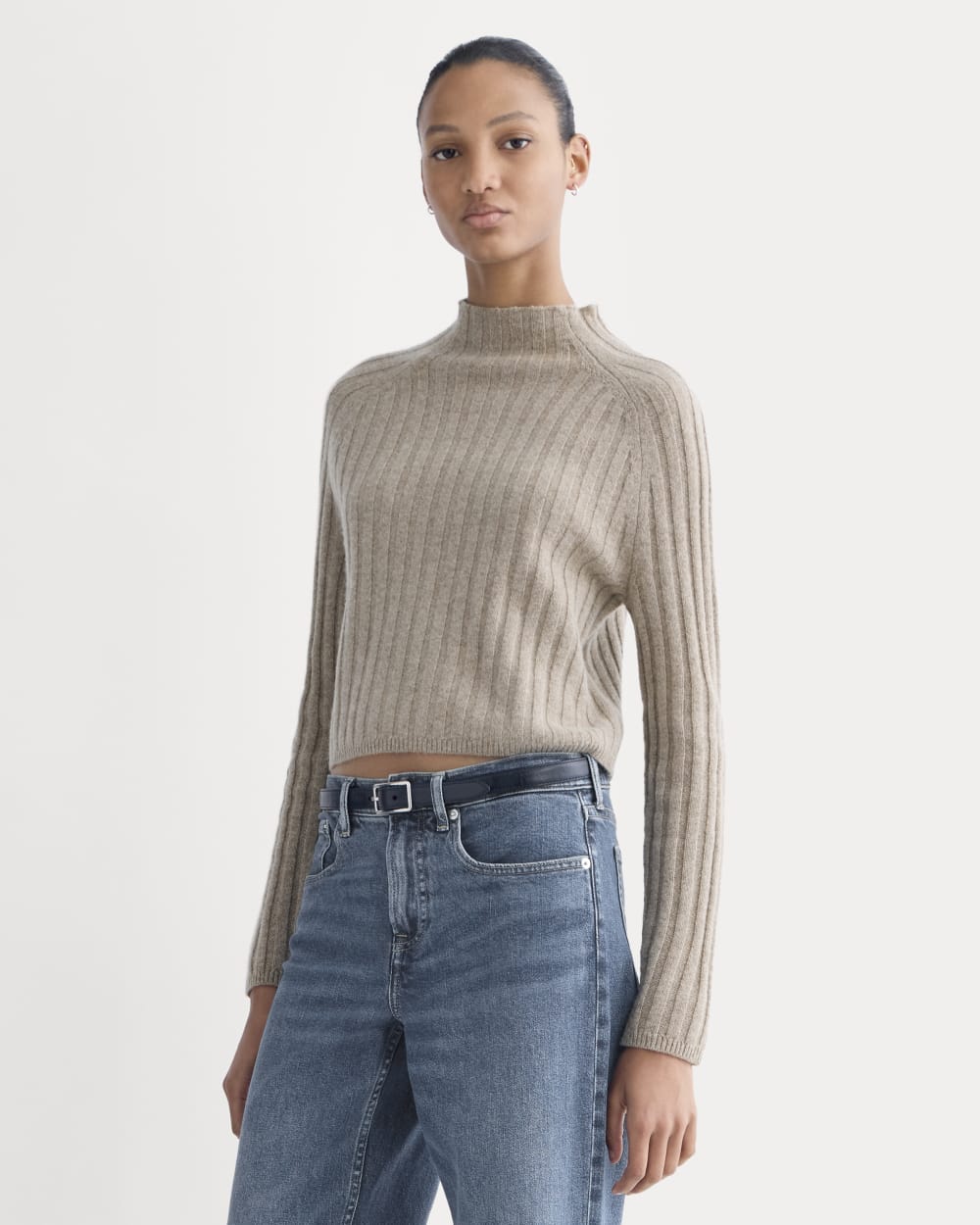 Funnel-Neck Cropped Sweater in Wool Cashmere in Oatmeal — front view