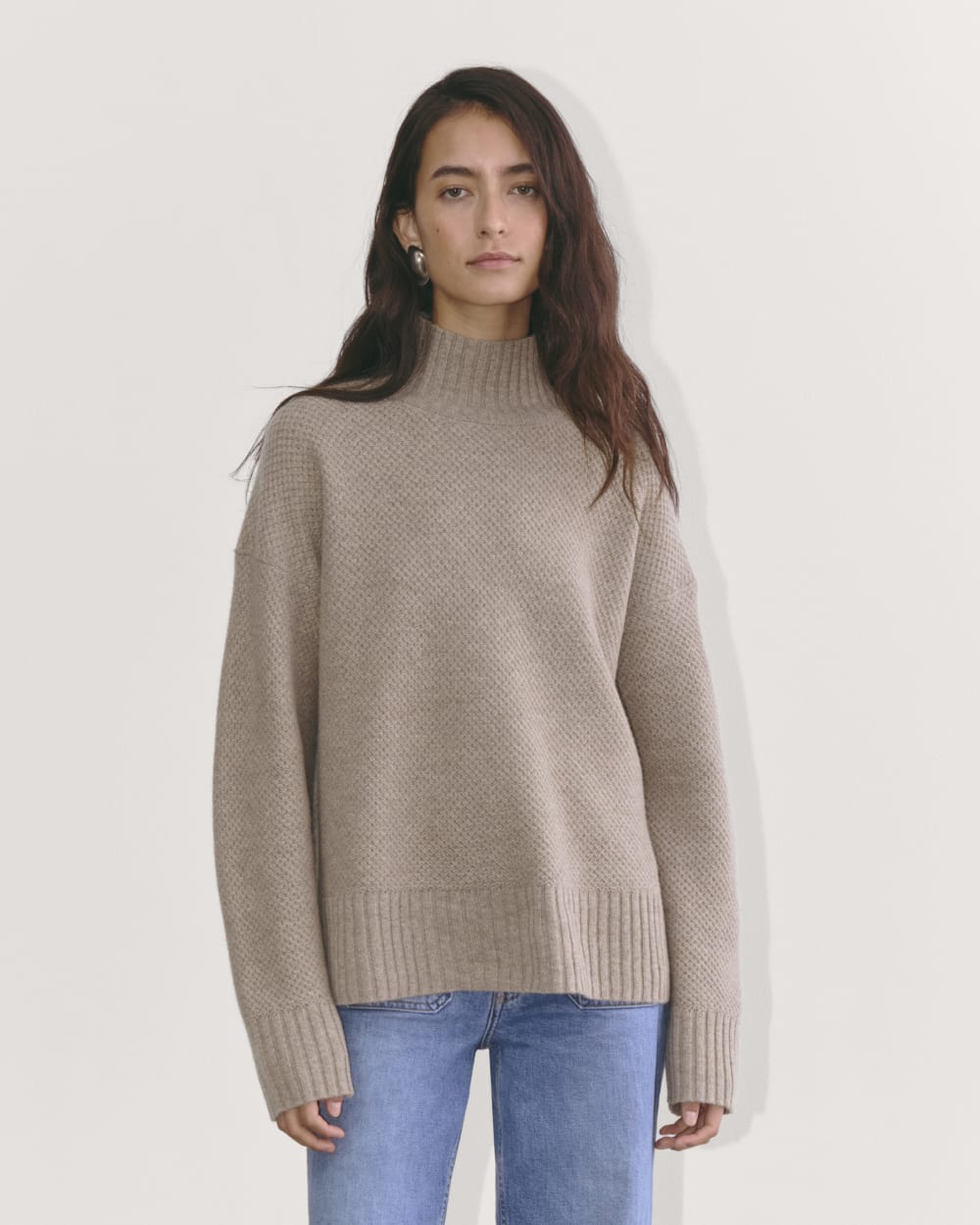 The Honeycomb Funnel Neck in Wool Cashmere in Oatmeal — front view
