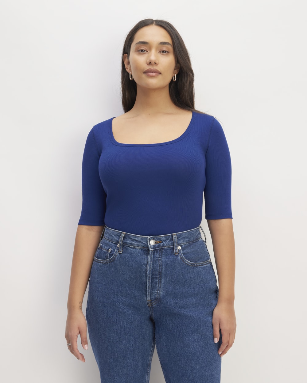 The Luxe Rib Scoop-Neck Tee in Bellwether Blue — front view