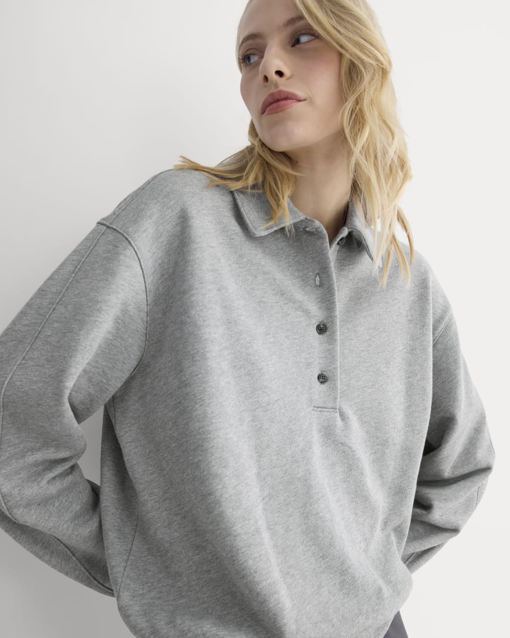 Lightweight Terry Polo Sweatshirt in Vintage Heather Grey — detail view