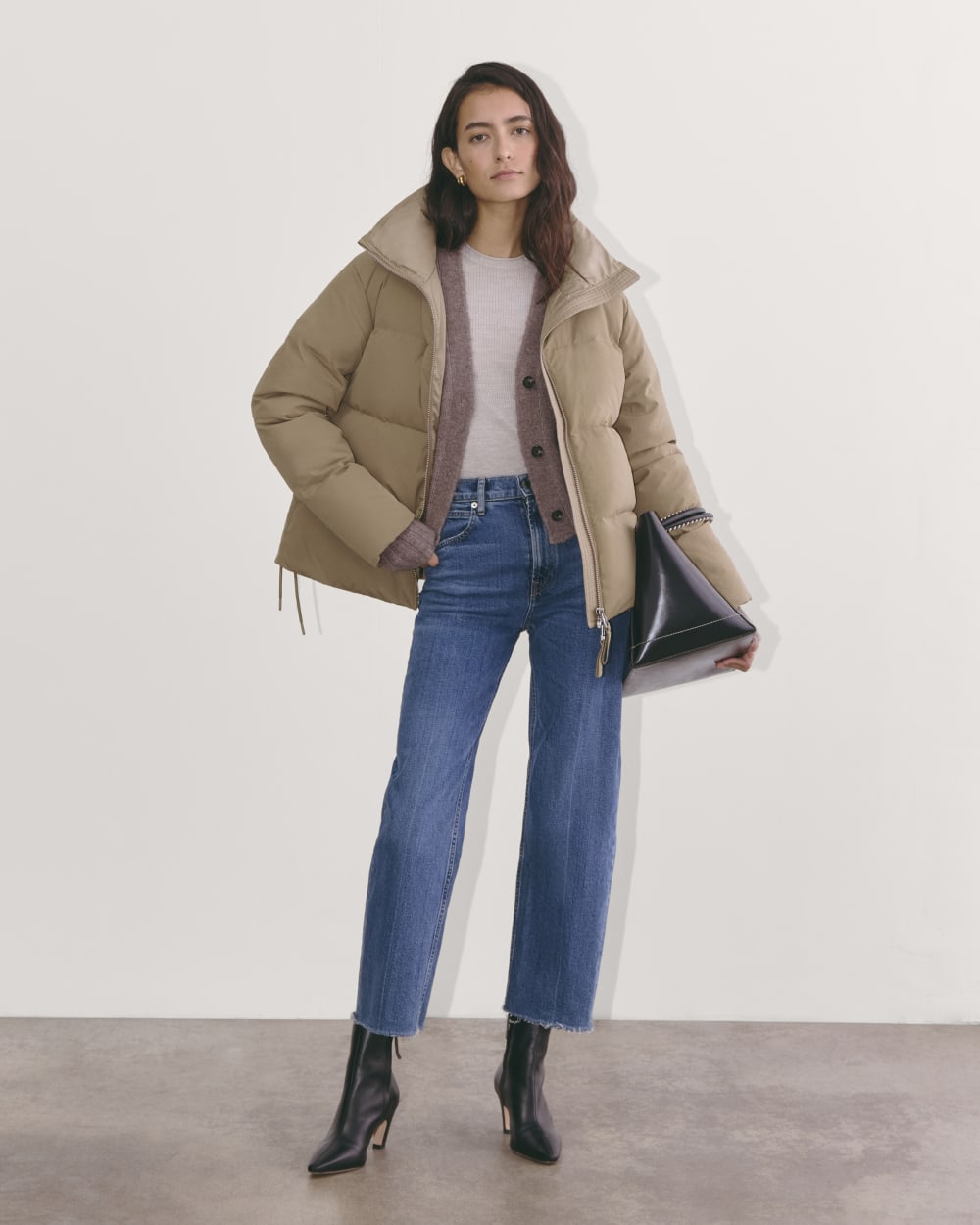 The Puffer Bomber in Taupe Grey — detail view
