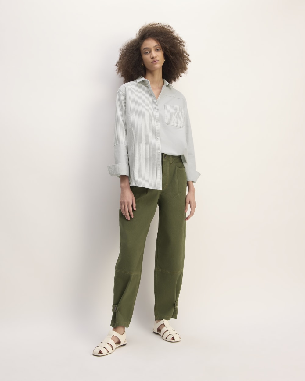 The Everlane x Marques' Almeida Patchwork Relaxed Shirt in Grey Stripe Patchwork — detail view