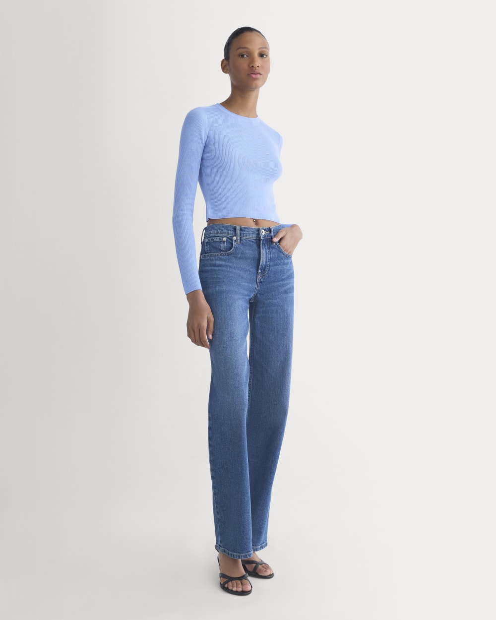 The Cropped Crew Top in Ultrafine Merino in Open Air Blue — detail view