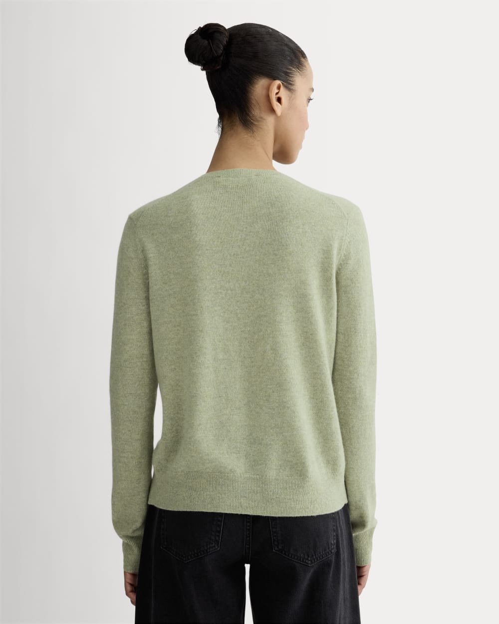 The Classic Cardigan in Cashmere in Light Heathered Moss — detail view