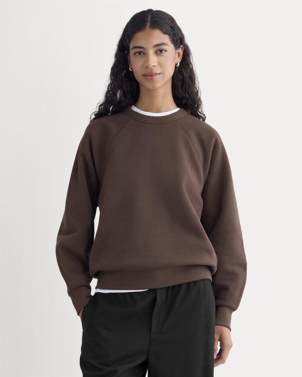 Luxe Fleece Raglan Crewneck in Dark Chocolate — front view