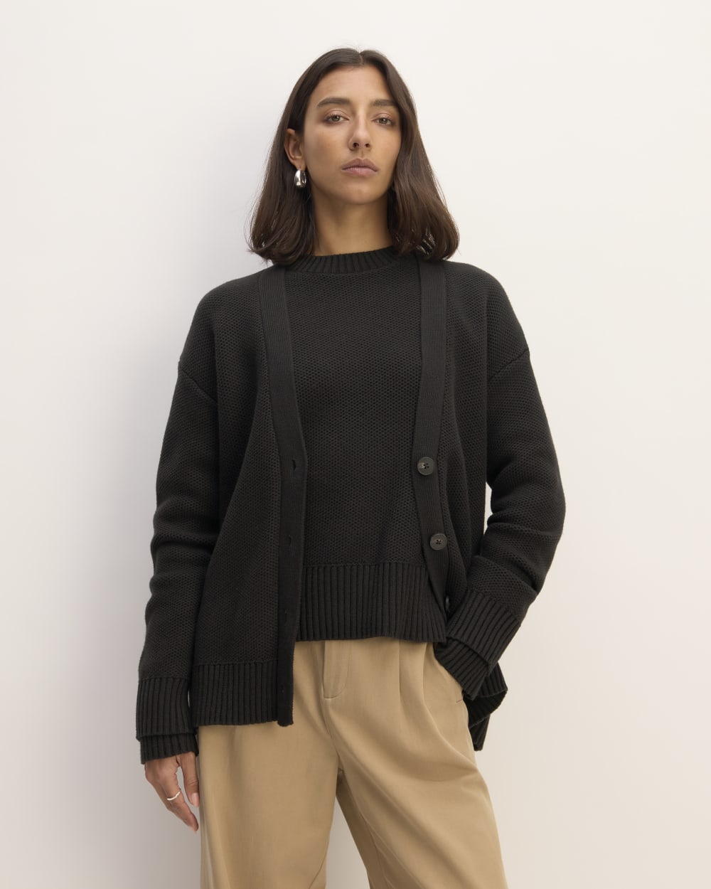 The Cotton Honeycomb Cardigan in Black — front view