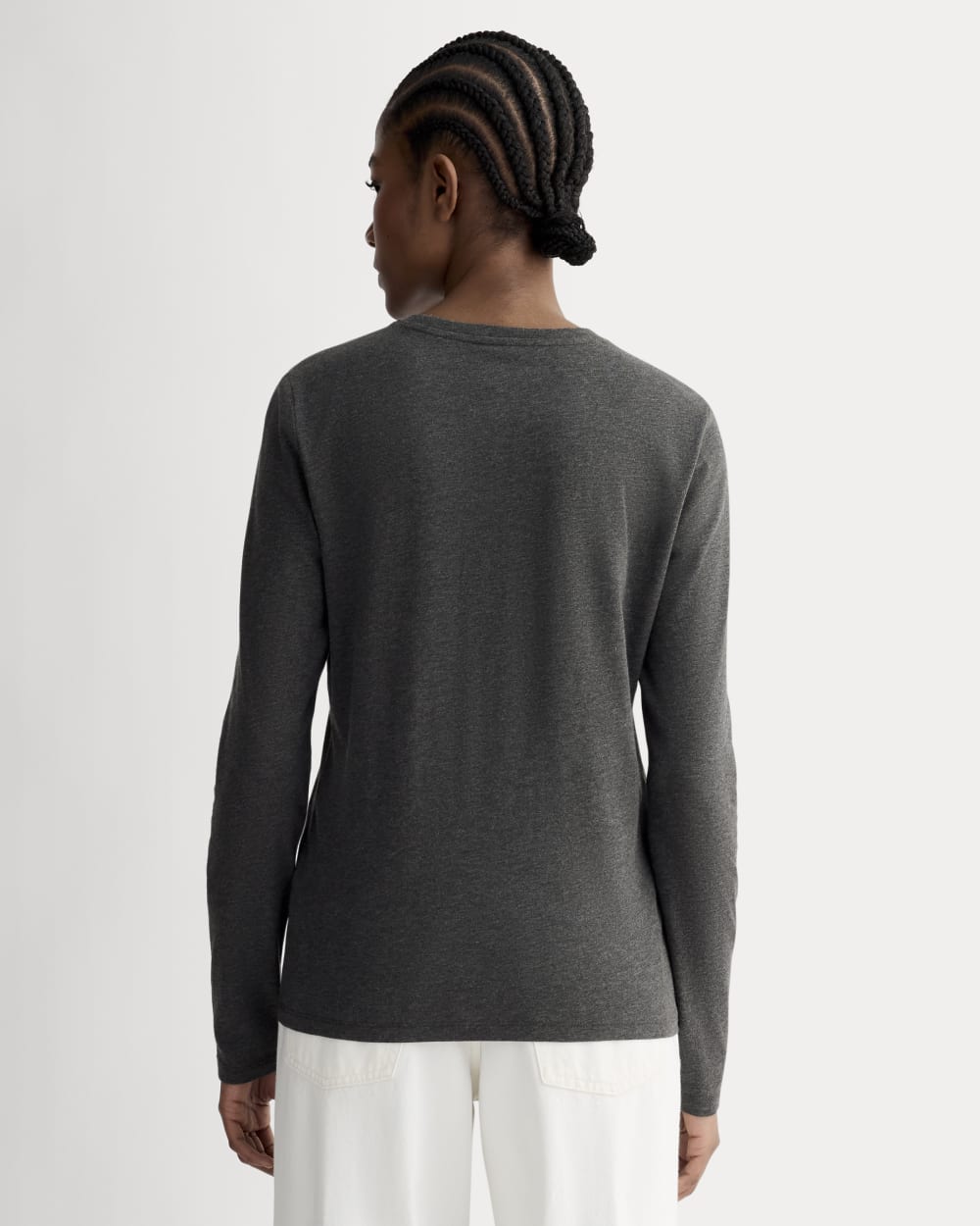 The Slim Long-Sleeve Crew in Essential Cotton in Heathered Soot — detail view