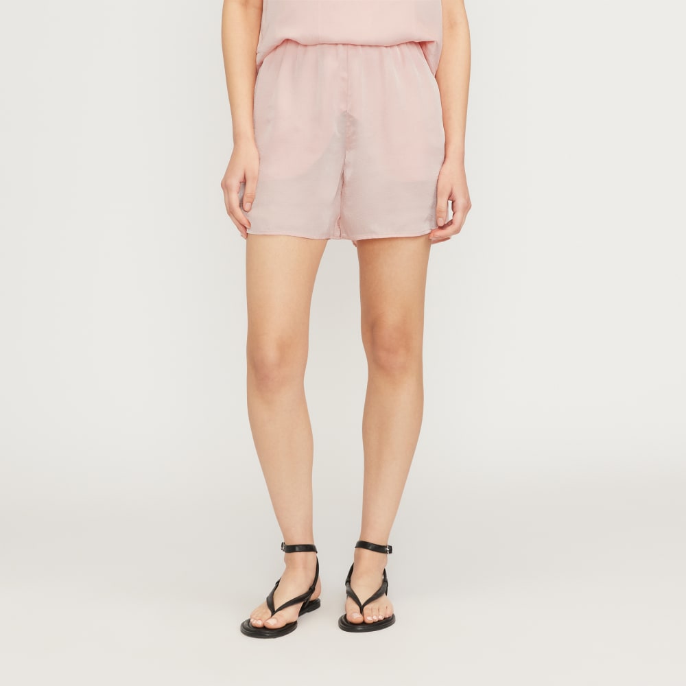 The Satin Pull-On Short in Petal Pink — front view