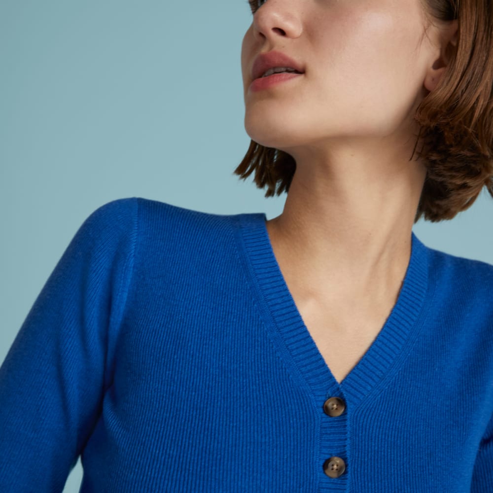 The Luxe Merino Cardigan in Lapis Blue — detail view