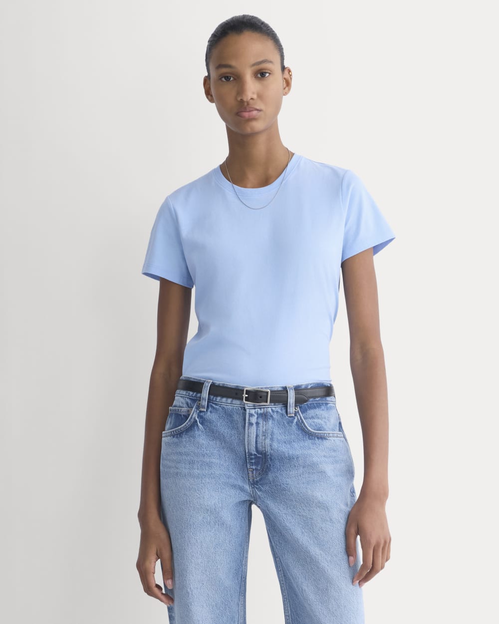 The Slim Crew in Essential Cotton in Open Air Blue — front view
