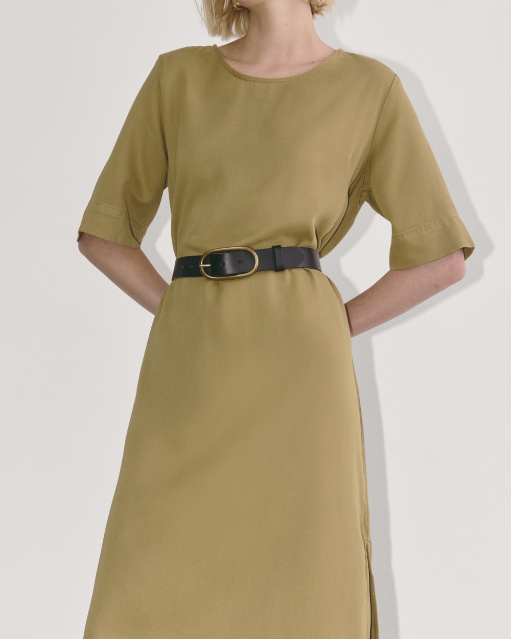 The Relaxed T-Shirt Dress in Buttersoft in Fennel Seed — detail view