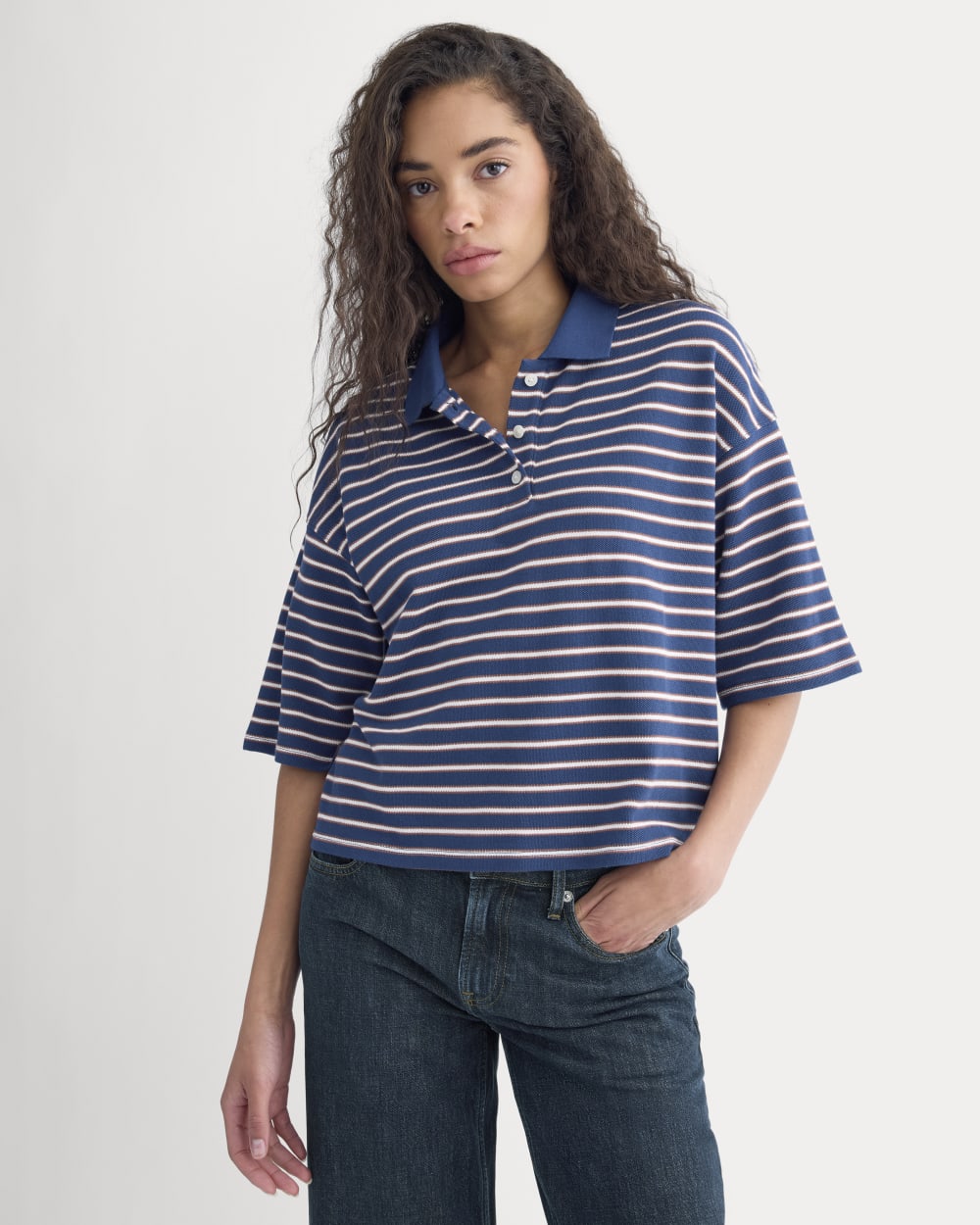 Pique Boxy Polo in Estate Blue/Henna/Gardenia — detail view