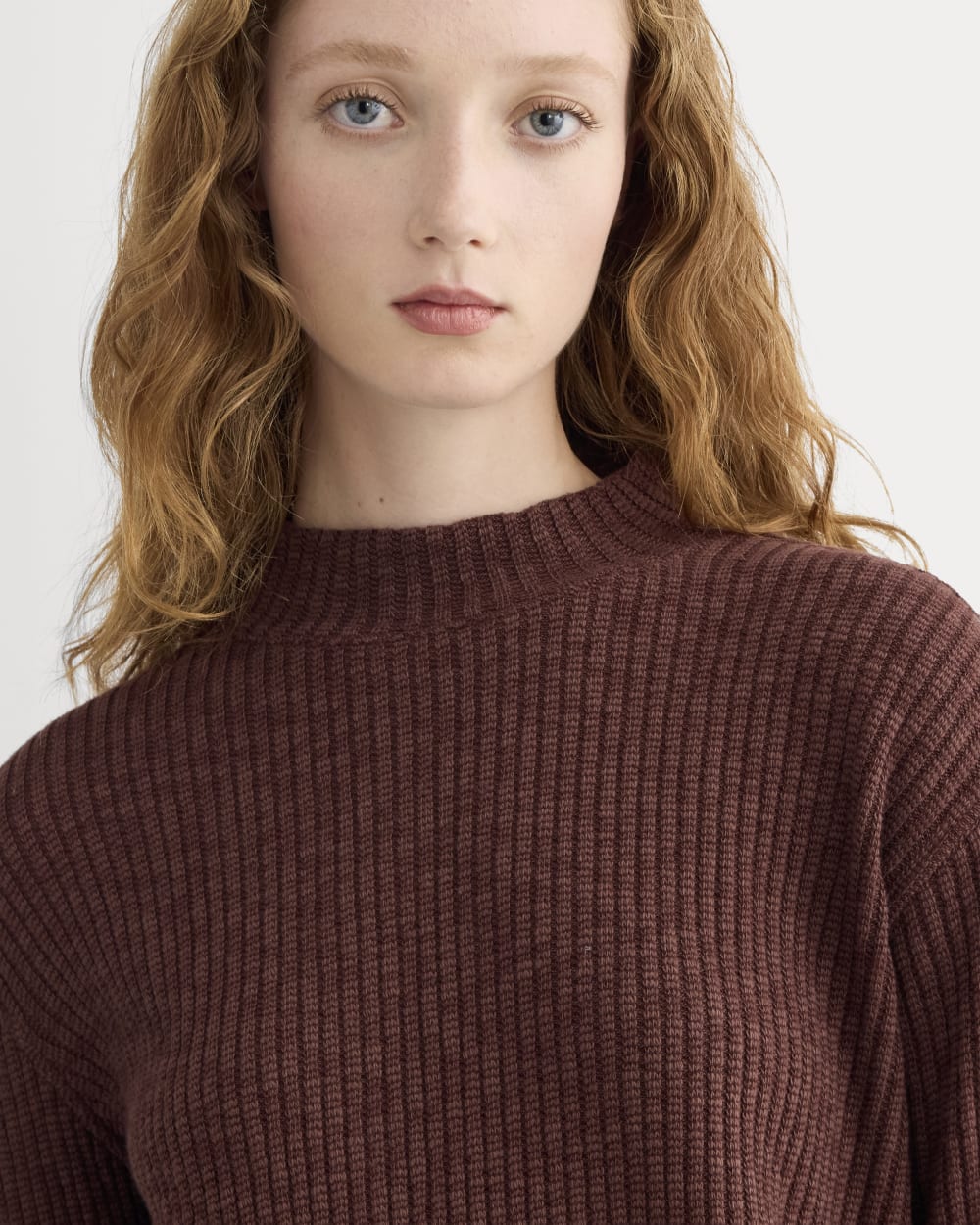 The Cozy Rib Funnel-Neck in Dark Mahogany — detail view