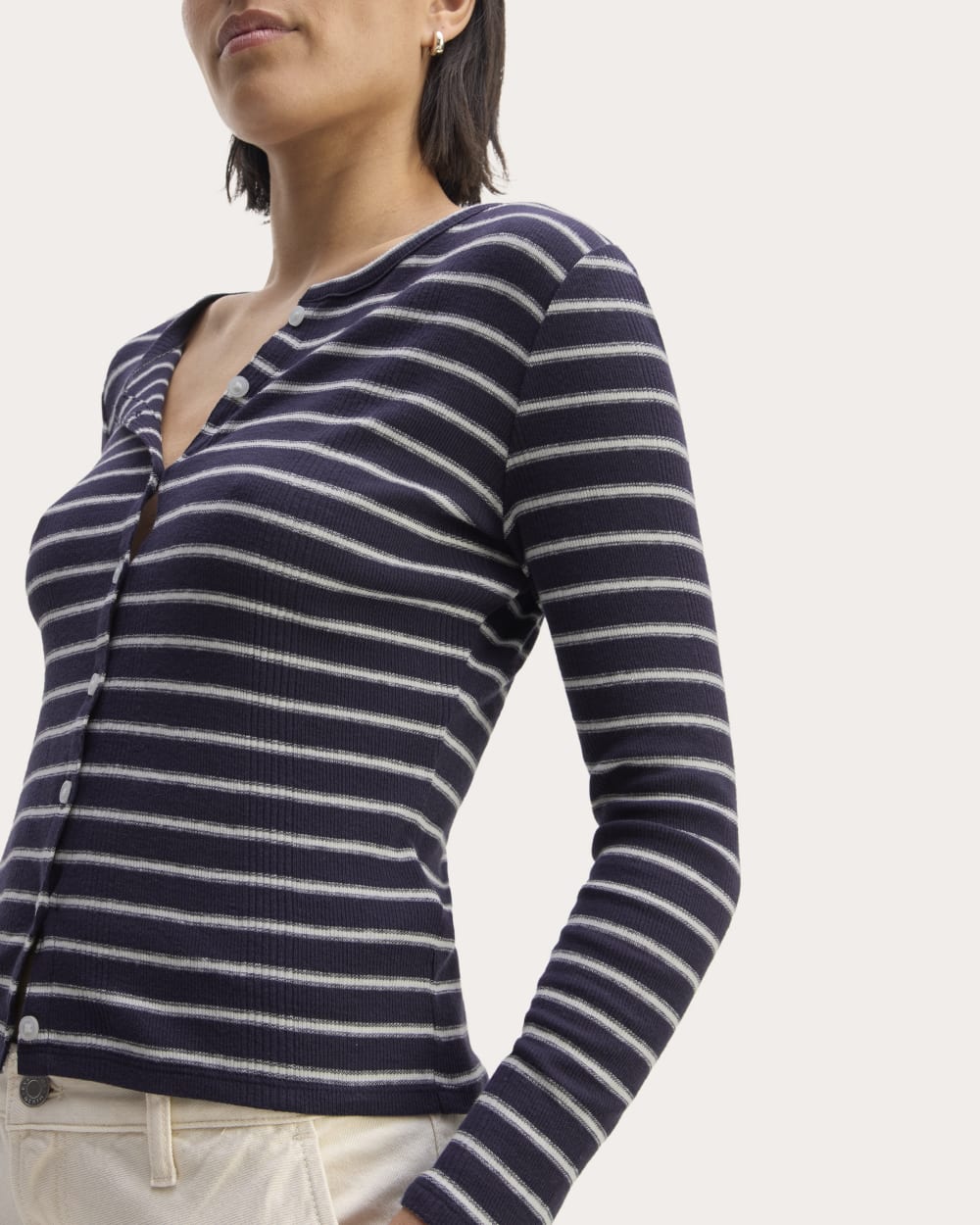 The Vintage Rib Cardigan in Navy / Bone — detail view
